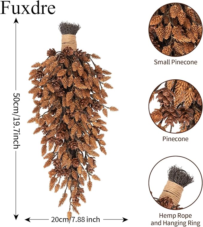Decorative Teardrop Swag for Front Door, Artificial Wall Swags with Pine Cones for Home Porch Wall Window Halloween Christmas Indoor Outdoor Decor