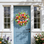 Spring Wreath for Front Door, 24 Inch Artificial Spring and Summer Wreath with Peony, Rose, Orchid, Hydrangea and Gardenia Flowers, Peach, Berries and Hello Wooden Sign, Decor for Indoor Outdoor