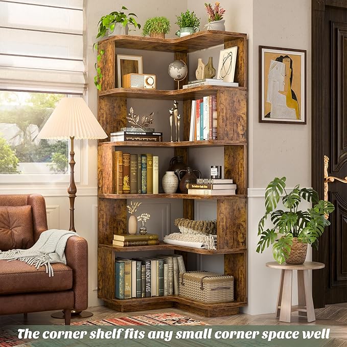 Armocity Corner Book Shelf - 6 Tier Corner Bookshelf Etagere Bookcase with Baffle, Freestanding L Shaped Display Shelf Stand for Home Office, Living Room, Bedroom, Kitchen, Rustic Brown