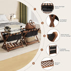 Full Assembled 26.77" L Luggage Rack for Guest Room, Set of 2 Foldable Suitcase Stand with 5 Nylon Straps & Cloth Bag, Luggage Stand Holder with Shoe Shelf for Suitcases Hotel (Walnut Bamboo)