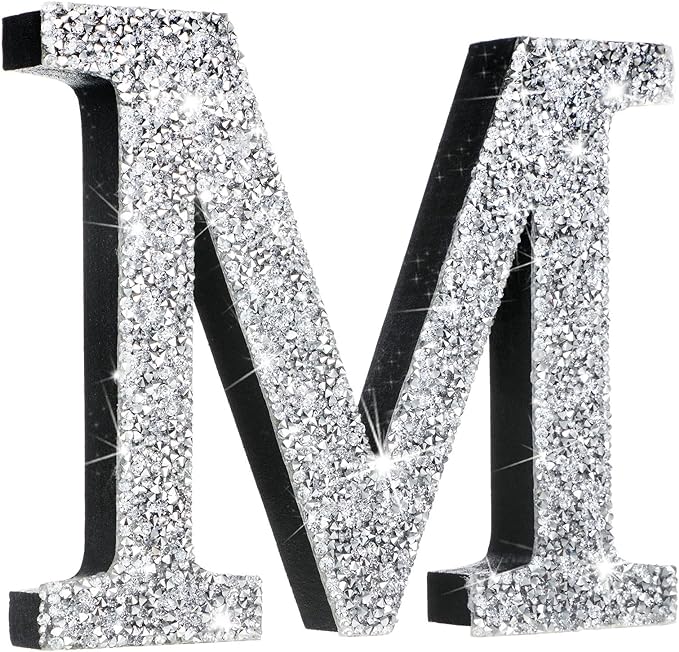 Qunclay 5.7" Silver Crystal Diamond Bling Letters Crushed Diamond Decoration Wooden Glitter Letter with Screw and Hooks Rhinestone Gift for Wedding Y2k Mcbling Bedroom Wall Decor (Letter M)
