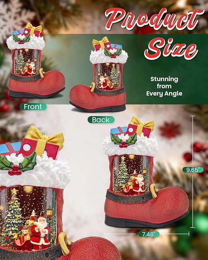 Large Christmas Snow Globes Light up Snowglobes Christmas Lantern with 8 Songs, 9.65" Red Boot Christmas Snow Globe for Kids Adults, 6H Timer & Dual Power, Lighted Christmas Decorations Indoor Gifts