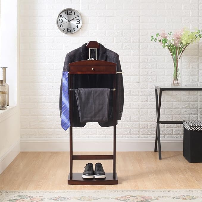 Proman Products Milan Valet Stand with Drawer, Top Tray, Contour Hanger, Trouser Bar, Tie & Belt Hooks and Shoe Rack - VL16226, Dark Walnut