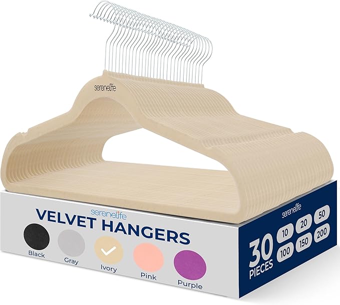 SereneLife 30-Pack Velvet Hangers Ivory – Non-Slip Ultra-Thin Clothes Hangers with 360° Swivel Hooks, Heavy Duty & Space-Saving Suit Hangers for Shirts Pants Jackets Dresses Closet Organization
