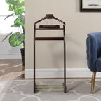 Proman Products Windsor Suit Valet Stand VL16001 with Top Tray, Contour Hanger, Trouser Bar, Tie & Belt Hooks and Shoe Rack, 17"W x 14"D x 40"H, Dark Walnut