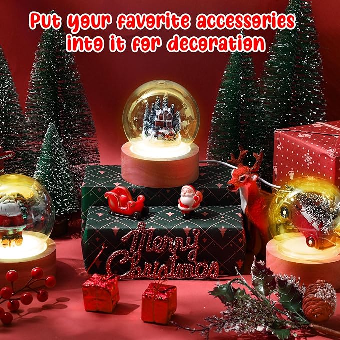 Irenare 12 Pcs 3.9 Inch DIY Snow Globe Kit, 6 Make Your Own Snow Globe Craft with 6 LED Light Wooden Base Clear Plastic Dome for Winter Decor Keepsake Gift Plant Terrarium Display(Wood Base)