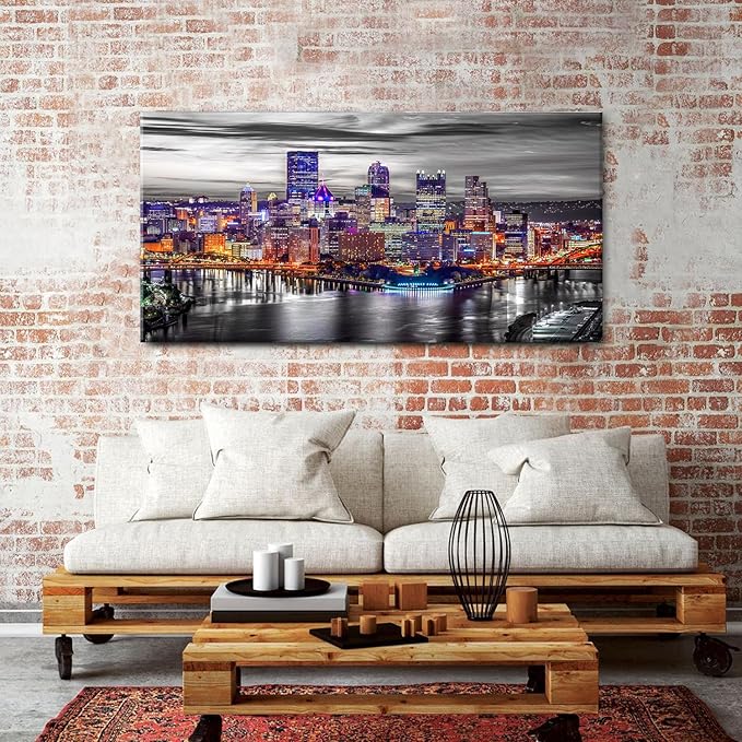 Extra Large Pittsburgh Wall Art Black and White Cityscape Wall Decor Modern Night City Skyline Picture Office Decor Pennsylvania Skyscrapers Canvas Prints for Bedroom Living Room Decoration 30x60"