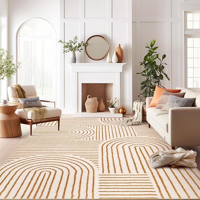 Lahome Abstract Area Rugs 9x12 Living Room, Soft Washable 9x12 Area Rug for Bedroom, Ultra-Thin Non-Slip Modern Non-Shedding Accent Carpet for Dining Room Office, Orange