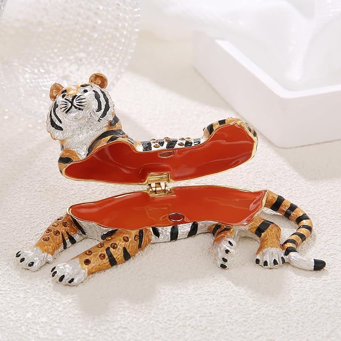 Hand Painted Trinket Box for Home Decor Accents, Enamel Hinged Jewelry Box for Bookshelf Office Table Desk Decoration, Classical Figurine Collectible Keepsake Animal Sculptures (Lying Tiger)
