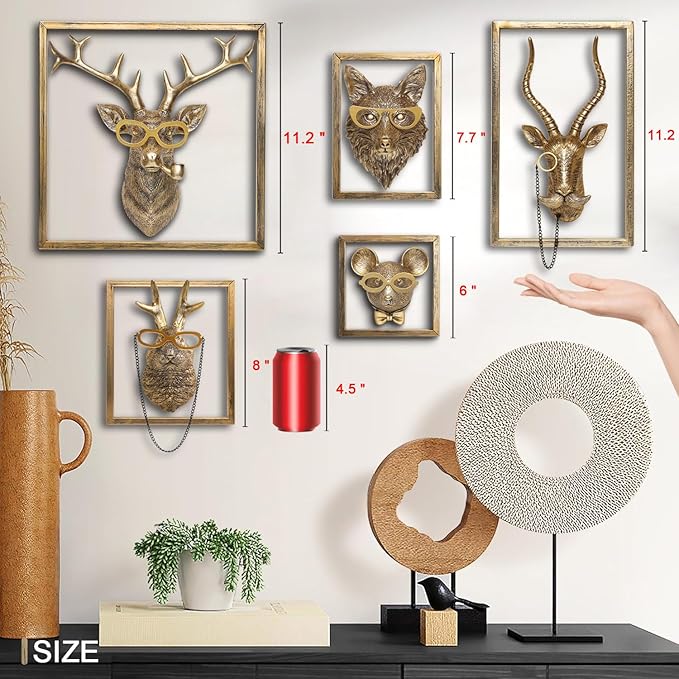 Newinhome Animal Heads Wall Decor (Includes Metal Frame) Resin Animals Sculptures Head Wall Hanging Decoration Gold vintage Wall Sculpture for Living Room Bedroom Office(Jackalope)
