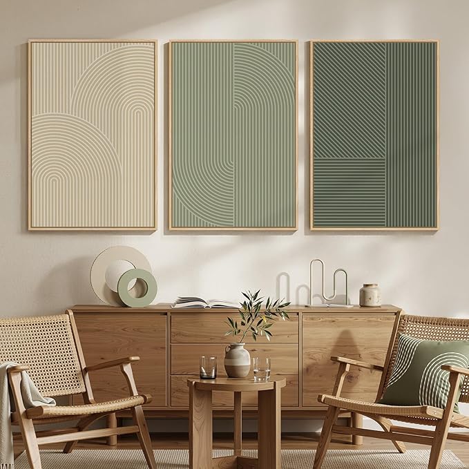 Large Framed Green and Neutral Beige Abstract Wall Art for Living Room, 3 Piece Modern Canvas Prints Paintings, Minimalist Geometric Line Pictures for Hallway Dining Bedroom Office Wall Decor 24x36 In