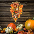 21.7Inch Artificial Fall Harvest Teardrop Swag for Front Door Thanksgiving Teardrop Wreath with Maple Leaves Berry Autumn Floral Swag for Home Wall(No Light)