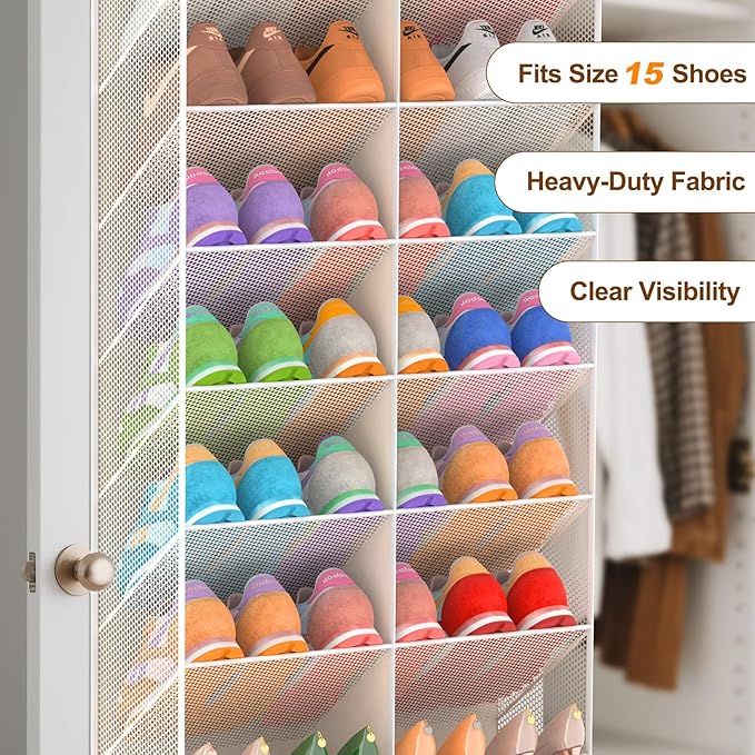 20-30 Pairs Over the Door Shoe Organizer, Breathable Mesh Pocket Hanging Shoe Storage for Closet, 10-Tier Door Shoes Rack, Handing Shoes Holder Fit All the Family's Sneakers, Boots, Heels, Beige