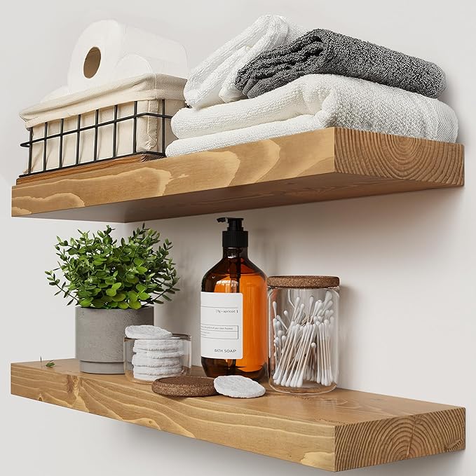 BAOBAB WORKSHOP Natural Wood Floating Shelves for Wall 24 inch - Floating Wall Shelves for Kitchen Bedroom - Wooden Bathroom Shelves - Oak Floating Shelf - 24 x 6.7 Inch, Set of 2