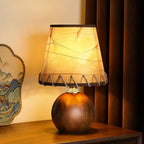 Mid-Century Modern Table Lamp, Spherical Solid Walnut Wood Base, Imitation Parchment Shade with Hand-Stitched Rope, 3-Color Dimmable LED Bedside Lamp for Nightstand & Japandi Decor