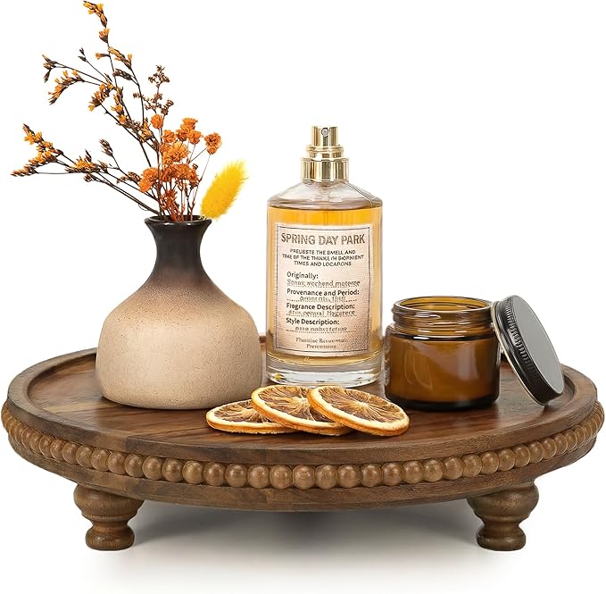 EOSAHR Acacia Wood Beaded Round Display Riser for Room Decor – 3-Leg Wooden Pedestal Stand for Coffee Table Decor, Cake Stand, Perfume & Vanity Organizer – Boho Home Decor for Kicthen Counter (Acacia Wood)