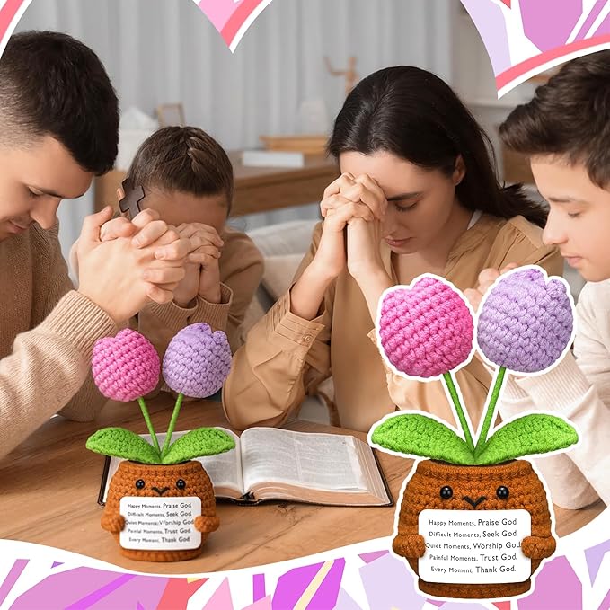 Wavwavw Christian Gift for Women Positive Handmade Tulips Flower Crochet Doll with Bible Verse Prayer Card Inspirational Scripture Religious Crochet for Christmas Sunday Group Church