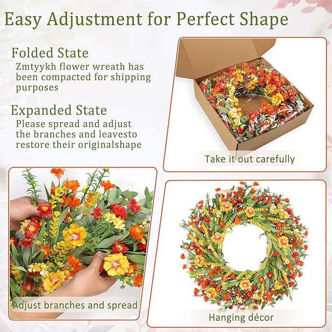 26" Floral Wreath, Artificial Spring Wreaths for Front Door, with Wildflower Portulaca Flowers, Indoor Outdoor Porch Window Wall Home Decor for Valentine’s Day Easter, Summer & Wedding Orange