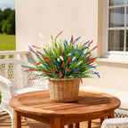 Artificial Faux Plants for Outdoor Spring Decoration, 12 Pcs Fake Monkey Grass for Garden Porch Balcony Planters, Fake Flowers Shrubs UV Resistant No Fade Plants Greenery Bush (Red Blue White)