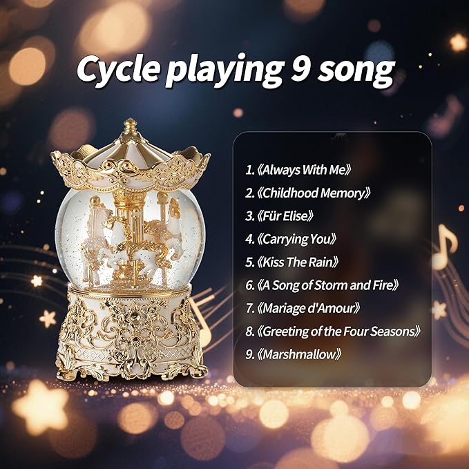Carousel Musical Snow Globe Princess Unicorn Music Box for Girls Women Baby Kids Sister Daughter Mom Granddaughter Grandma Christmas Birthday Presents Gifts (Gold)