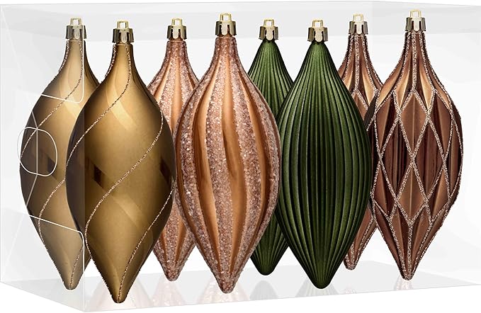 JORNOY Finial Drop Christmas Ornaments for Tree Decorations, 150mm/6inch Shatterproof Plastic Hanging Large Tear Drop Baubles Bulk for Holiday Home Party Decor with String, 8 Pack, Earth Tone