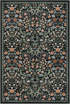 Moynesa Floral Area Rug 6x9, Washable Large Rugs for Living Room, Non Slip Boho Rugs for Dining Room Table, Botanical Ultra Thin Soft Floor Carpet for Farmhouse Office, Black