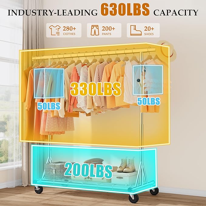 Heavy Duty Clothes Rack Load 630 lbs, Metal Rolling Clothing Rack With Sturdy Wheel And Shelves, Adjustable Portable Hanging Garment Rack For Clothes,Chrome Stainless Steel