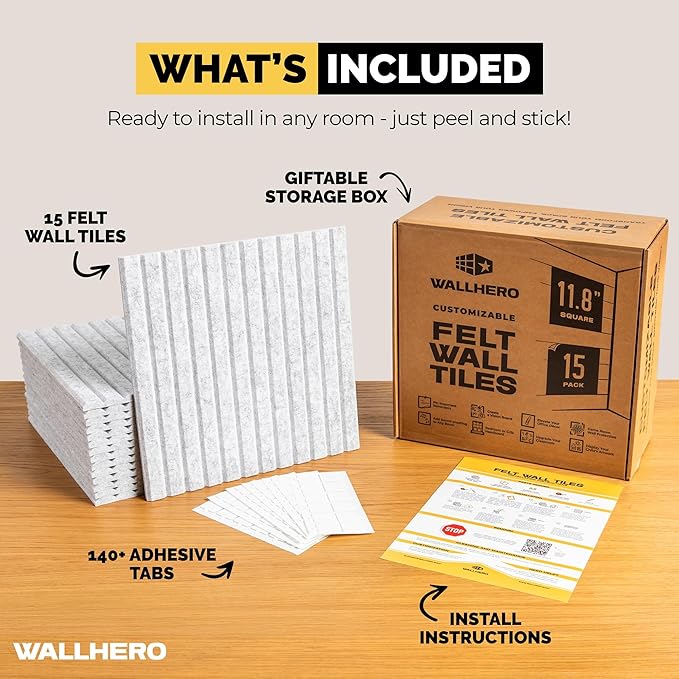 WALLHERO Office Cork Board, 59"x36" | 15 Pack | Felt Tiles for Wall, Tac Board, Large Felt Board, Wall Protector for Dart Board, (Gray Marble Slats)