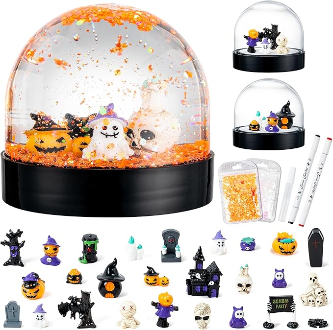 Halloween Snow Globe Craft Kit - 8 Set DIY Plastic Snow Globe Craft with Mini Resin Ghost Haunted House, Make Your Own Party Decor with Glitter for Classroom Activity Gifts (Halloween)