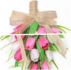 Spring Swags for Front Door Artifical Tulips Teardrop Swag with Burlap Bow Hanging Decorative Easter Wreath for Porch Wall Mother's Day 8.7x15.8 inch