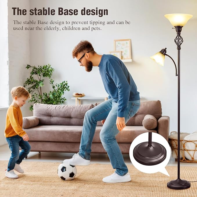 GyroVu Torchiere Floor Lamp for Living Room, LED Standing Reading Light for Bedroom with Glass Shade for Living Room Corner Bedroom Home Office,Bulbs Included (Yellow Lampshade, Glass 2 Head)