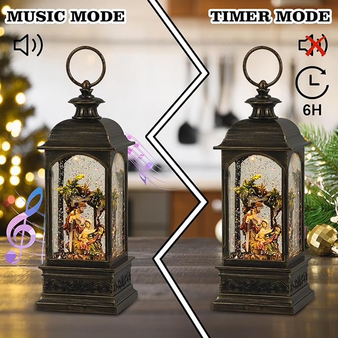 Christmas Snow Globe Swirling Glittering Nativity Scene with Timer & Music, Lighted Water Lantern USB Lined/Battery Operated for Christmas Festival Decoration Gifts - 11.4 inch (Jesus)