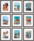 Vittanly 8x10 Picture Frames Set of 9, Shatter Resistant Plexiglass, Display 5x7 Pictures with Mat or 8x10 without Mat, Photo Frames for Wall or Tabletop, Engineered Wood, Dark Grey