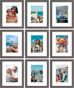 Vittanly 8x10 Picture Frames Set of 9, Shatter Resistant Plexiglass, Display 5x7 Pictures with Mat or 8x10 without Mat, Photo Frames for Wall or Tabletop, Engineered Wood, Dark Grey
