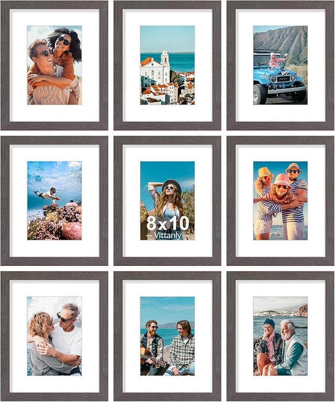 Vittanly 8x10 Picture Frames Set of 9, Shatter Resistant Plexiglass, Display 5x7 Pictures with Mat or 8x10 without Mat, Photo Frames for Wall or Tabletop, Engineered Wood, Dark Grey