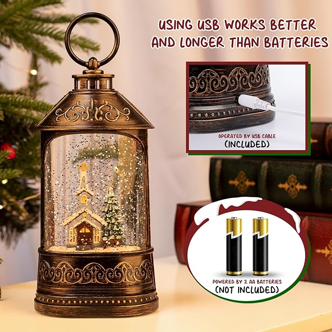 Christmas Snow Globe Lantern, Glitter Lighted Church Snow Globe with Music,Musical Christmas Decorations USB and Battery Operated, Christmas Decor