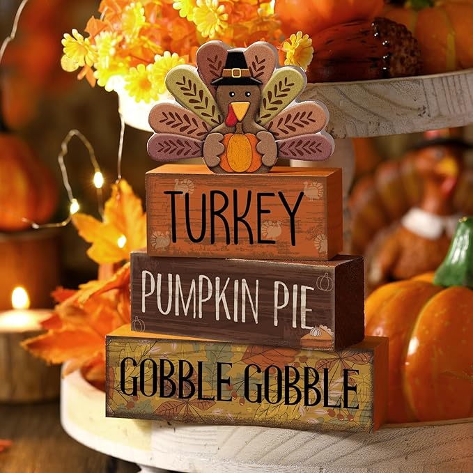 Lineshading 4 Pcs Thanksgiving Decorations for Home Wooden Turkey Decor Fall Tiered Tray Decor Thanksgiving Table Centerpiece Rustic Wooden Turkey Block Sign for Autumn Harvest Party Kitchen Shelf