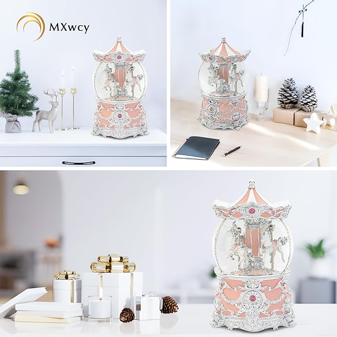 Carousel Music Box Silver & Pink Christmas Snow Globes, 8.3" Rotate Carousel Snow Globe for Kids & Adults, Classic Wind up Musical Snow Globe Valentines Day Gifts for Women Girls Carousel Horse Decor