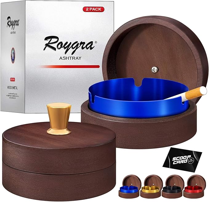 roygra Wooden Ash Tray with Lid (2 Pack), Outdoor Ashtray for Outside Patio, Smokeless Ashtrays for Cigarettes with 3 Holder, Smoking Accessories, Home Décor, Ashtrays for Smokers Indoor - Blue