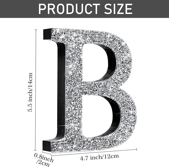 Qunclay 5.7" Silver Crystal Diamond Bling Letters Crushed Diamond Decoration Wooden Glitter Letter with Screw and Hooks Rhinestone Gift for Wedding Y2k Mcbling Bedroom Wall Decor (Letter B)