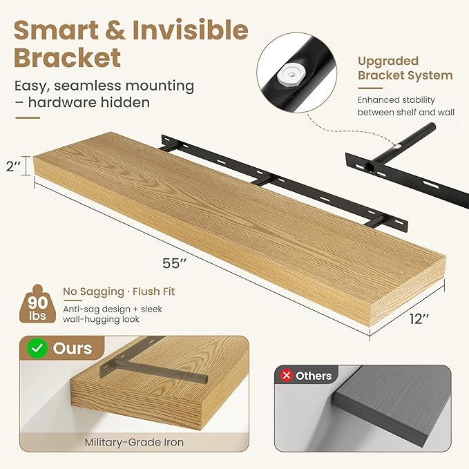 FLYJOE 55 Inch Long Floating Shelves for Wall Set of 1, 12" D Wood Grain Bathroom Shelves with Invisible Brackets, Easy Install Engineered Wood Storage Shelves for Kitchen, Living Room, Bedroom
