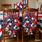 2 Pack 21'' Patriotic Teardrop Swag Wreaths for Cabinets Artificial 4th of July Swag Wreath with Red White Blue Tulips Floral and Berries for Independence Day Memorial Day Front Door Porch Window Wall