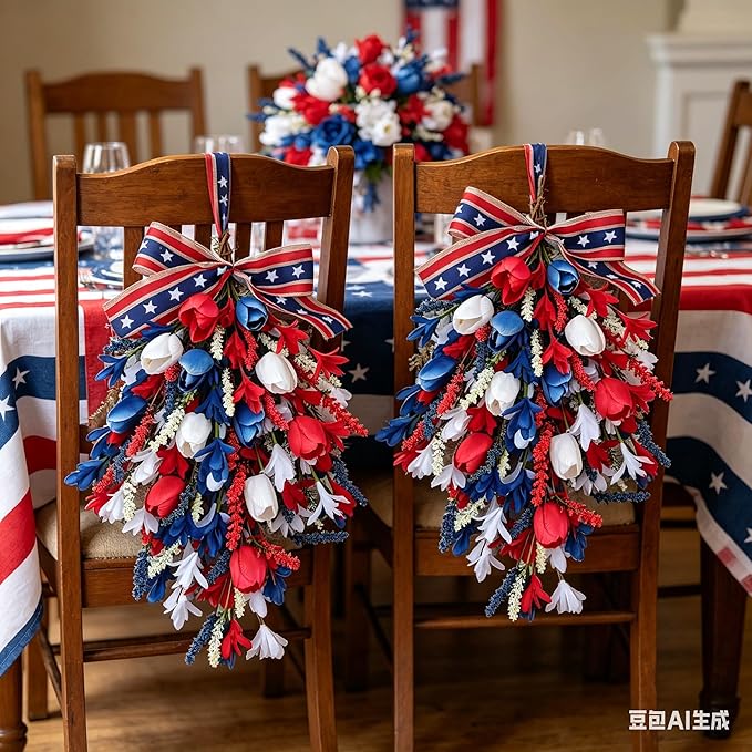 2 Pack 21'' Patriotic Teardrop Swag Wreaths for Cabinets Artificial 4th of July Swag Wreath with Red White Blue Tulips Floral and Berries for Independence Day Memorial Day Front Door Porch Window Wall