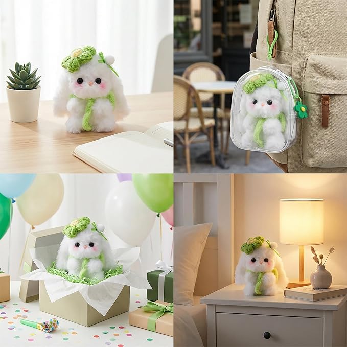 Small Funny Rabbit Handmade Crochet Plush Doll,Positive Cute Fluffy Gifts for Birthday Friends Coworker, Best Friend,Teacher, Mom (Green)