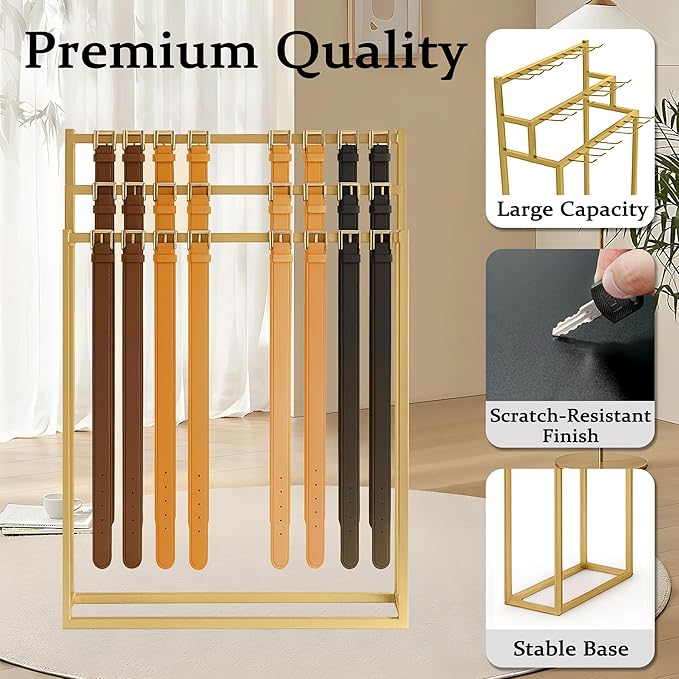 Retail Belt Display Stand,Floor Mounted Belt Hanger, Metal Men Belt Organizer,Commercial Tie Scarf Purse Display for Clothing Retail and Home (Gold)