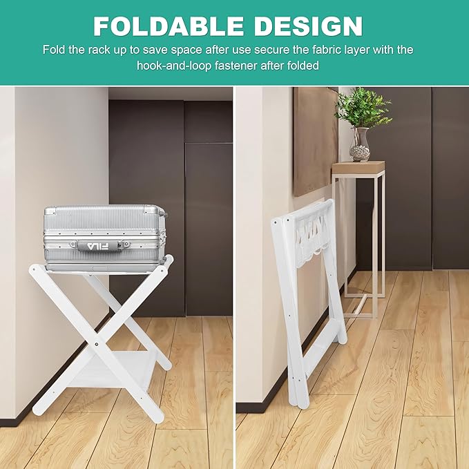 VASMIA Luggage Rack,Bamboo Suitcase Stand with Storage Shelf,Folding Luggage Stand for Guest Room,Hotel,Bedroom,Heavy-Duty, Holds up to 131 lb, White