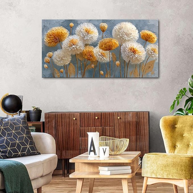 Abstract White Flower Wall Art Golden Floral Pictures Wall Decor Neutral Flowers Canvas Painting Boho Blossom Posters Print Nature Botanical Artwork Bedroom Living Room Office Home Decoration 24x48