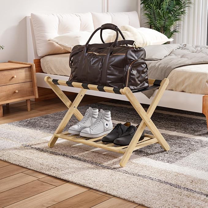 Smuxee Fully Assembled Luggage Rack for Guest Room, Upgraded Bamboo Foldable Suitcase Stand with 5 Nylon Straps, Nature Luggage Holder with Shelf for Bedroom Hotel