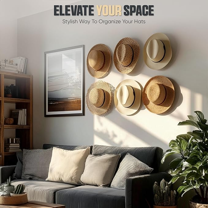 Modern JP Adhesive Hat Hooks for Wall (24-Pack) - Cowboy Hat Rack, Wide Brim Hat Organizer, Strong Hold Hat Hangers for Wall - White