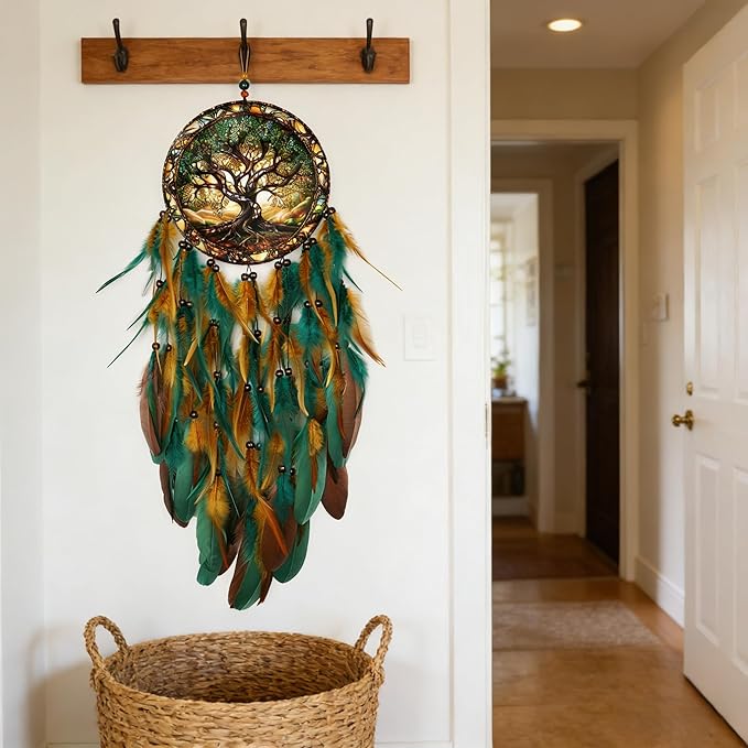 Dream Catcher Wall Hanging Decor for Bedroom Aesthetic, Handmade Traditional Wall Art with Feathers for Living Room, Nursery, Good Vibes Gift for Women,Girls,Home Decoration Wedding Party (Old Tree)